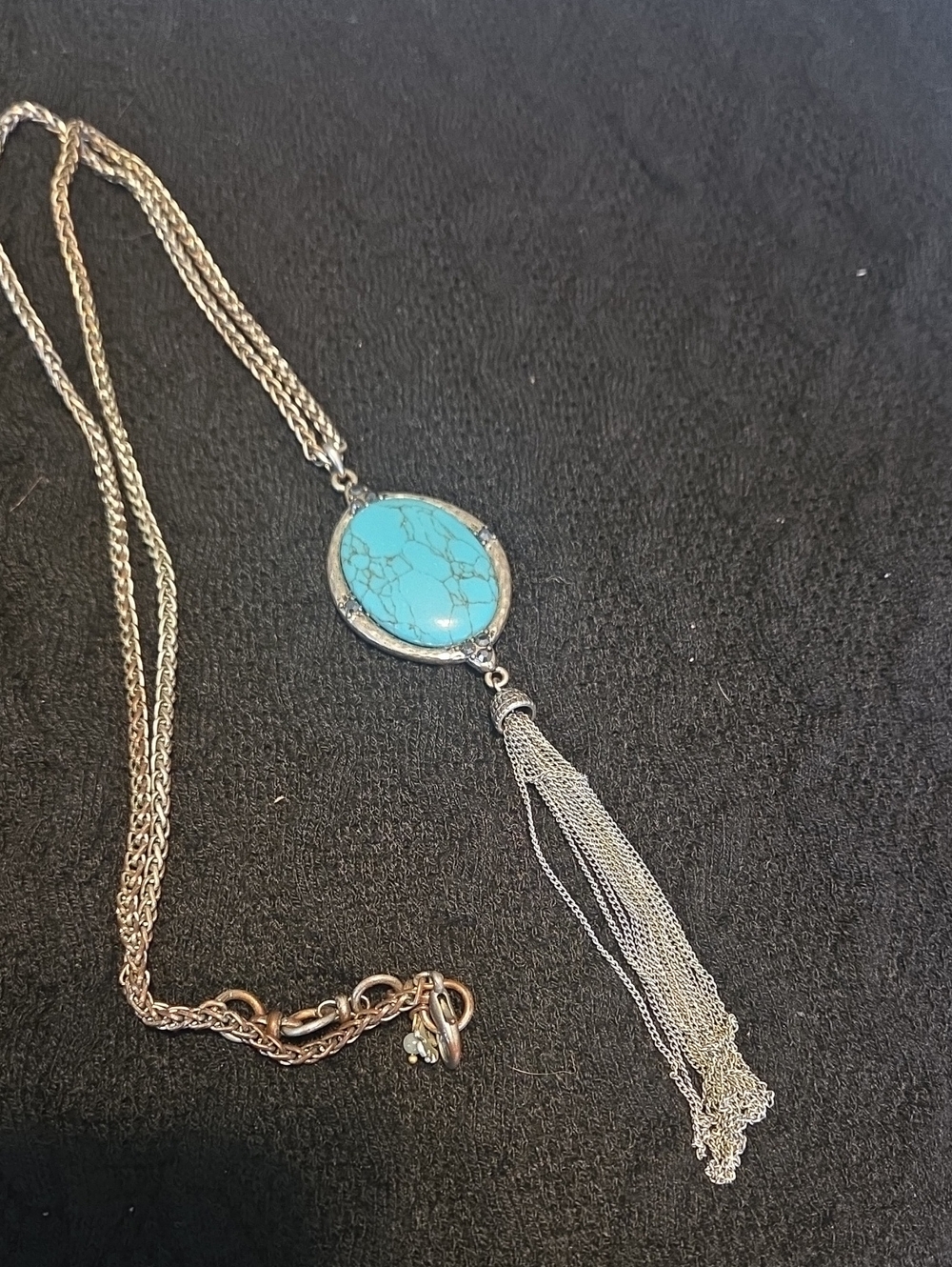 Lucky Brand Turquoise Oval Pendant Necklace with Silver Tassel